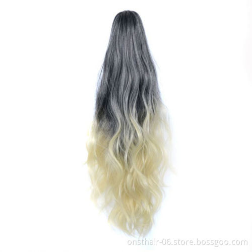 MYZYR Corn Wavy Long P Onytail Synthetic Hairpiece Wrap on Clip Hair Extensions Fack Hair Ombre Brown P Ony Tail Blonde 24INCH